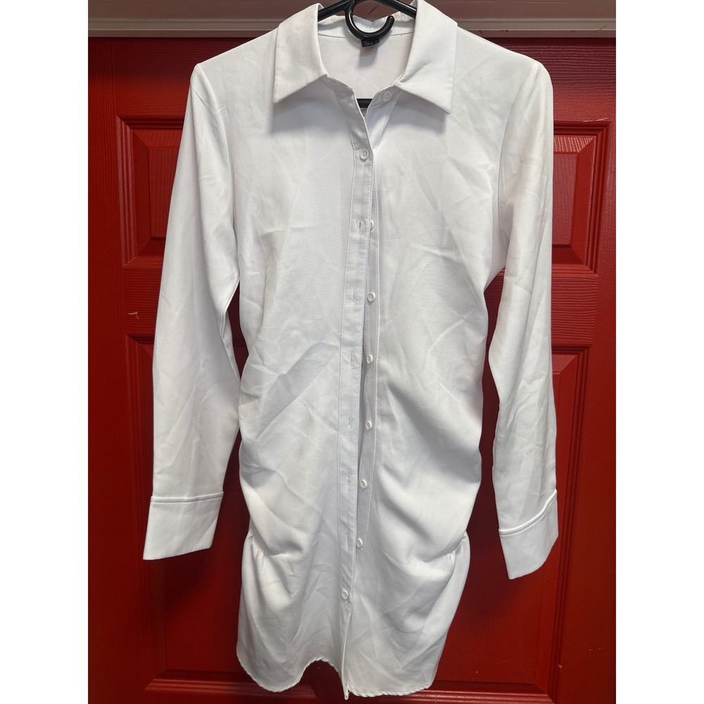 Shein White Long Sleeve Ruched Button Down Shirt Dress Lace Up Back Mini Size S